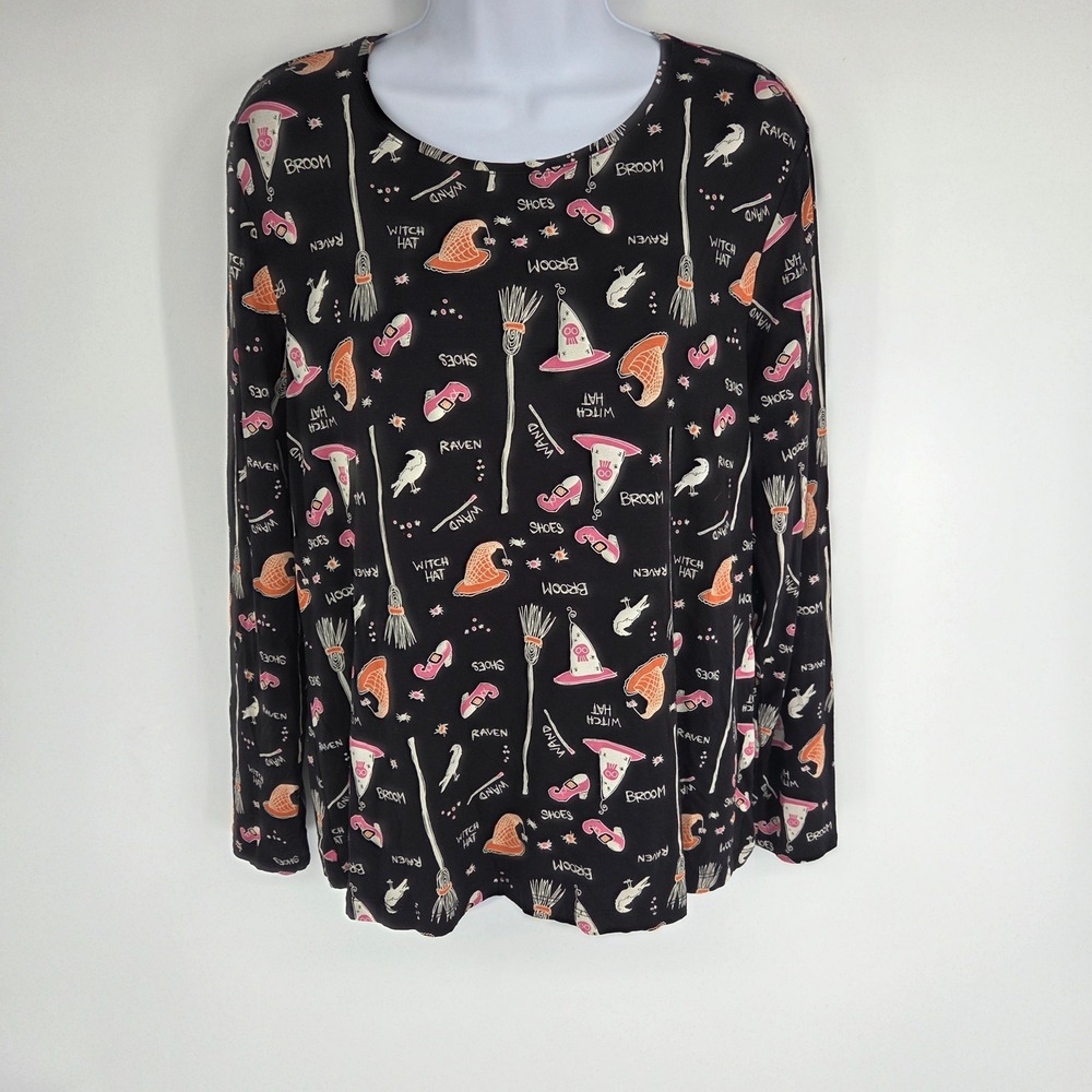 Celebrate Together Womens XL Halloween Witch Print Long Sleeve Top Black Spooky